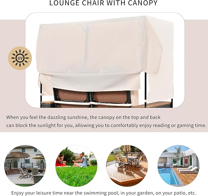Outdoor Patio Conversation Set, 2-Piece Patio Bench Rattan Roof Set, Effective UV Protection Fabric & Waterproof Cushions and Adjustable Backrest for Garden, Backyard and Porch