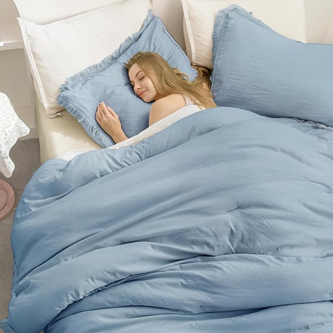 Andency Grayish Blue Comforter Set Full Size, 3 Pieces Boho Tassel Lightweight Bedding Comforter Sets, All Season Soft Fluffy Fringe Bed Set (79x90In Comforter & 2 Pillowcases)