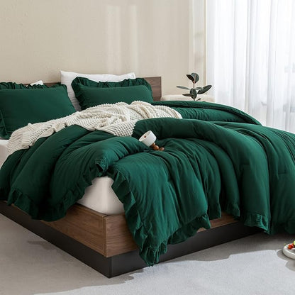 Andency Dark Emerald Green Comforter Set Queen, 3 Pieces Solid Ruffle Farmhouse Bedding Set for Queen Bed, Lightweight Soft Ruffled Bed Comforter Set for All Seasons