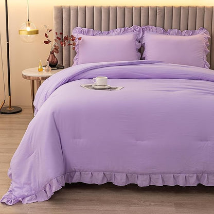 Andency Lavender Twin Size Comforter(66x90Inch), 2 Pieces(1 Ruffle Comforter and 1 Pillowcase) Solid Farmhouse Shabby Chic Comforter, Lighteweight and Soft Microfiber Bedding Set