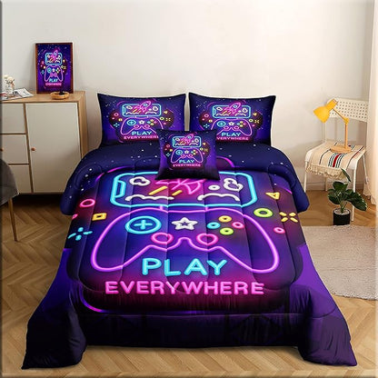 6 Pieces Gamer Bedding Set for Boys Gaming Comforter Queen Size, Game Controller Comforter for Teen 3D Gamepad Microfiber 6 Piece Bed in A Bag Kids Bedding Sets with Sheets,DJT H5031 Queen
