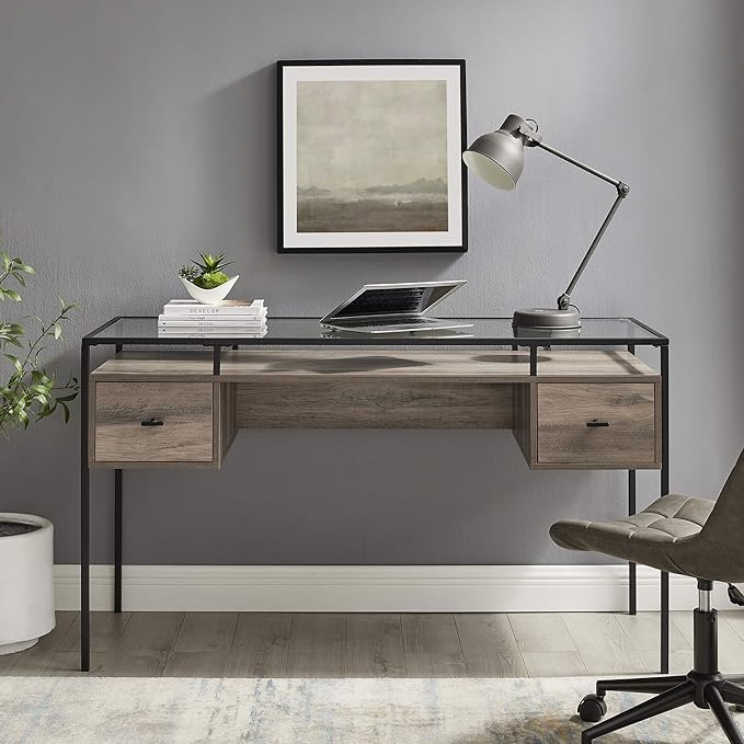 Walker Edison Writing Desk, 56, Glass Top 2 Drawer Computer, 56 Inch, Grey Wash