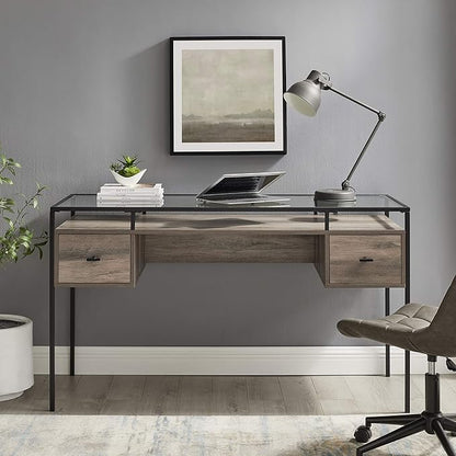 Walker Edison Writing Desk, 56, Glass Top 2 Drawer Computer, 56 Inch, Grey Wash