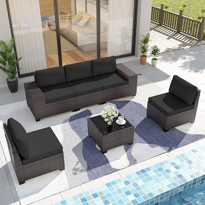 Patio Furniture Set Sofa 6-Pieces Wicker Sectional Sofa Set, Outdoor Furniture Rattan Patio Conversation Set with Thickened Cushion and Glass Coffee Table, Black