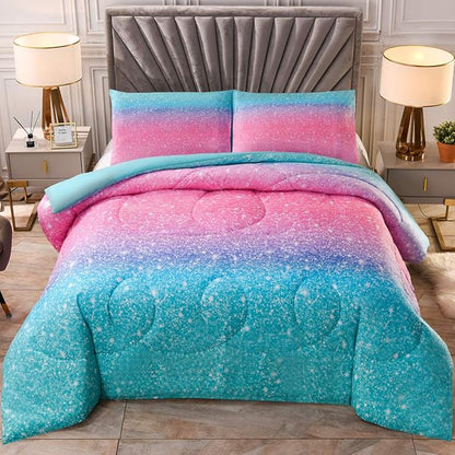 JQinHome Queen 3Pcs Glitter Comforter Sets for Girls, 3D Colorful Duvet Pink Rainbow Themed Bedding, All-Season Reversible Quilted Duvet,for Girls Women- includes 1 Comforter, 2 Pillowcases