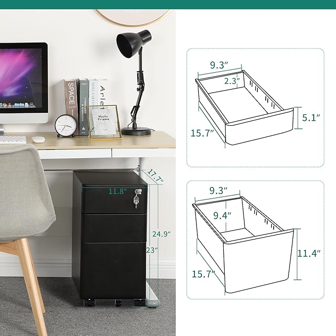 YITAHOME 3-Drawer Metal Filing Cabinet Office, Compact Portable Slim File Cabinet Drawers with Keys, Pre-Built Office Storage Cabinet for A4/Letter/Legal (Black)