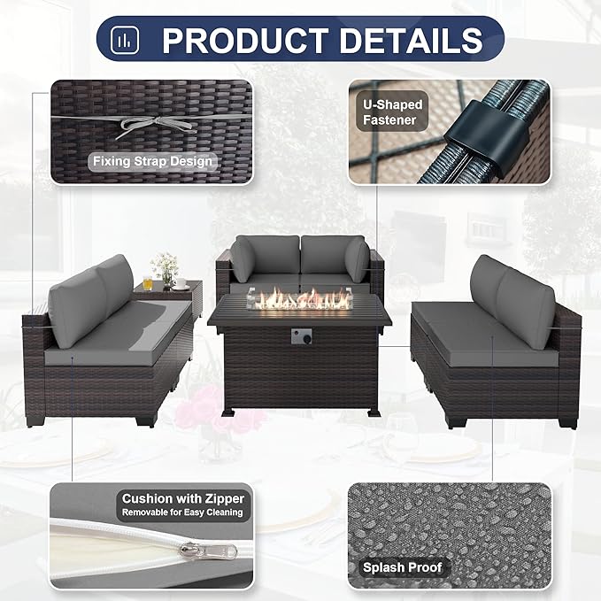 Patio Furniture Sectional Sofa Set 11-Pieces PE Rattan Swivel Rocking Chairs Patio Conversation Set w/43in Gas Fire Pit Table, Outdoor Furniture with 55000 BTU Propane Fire Pit, Grey