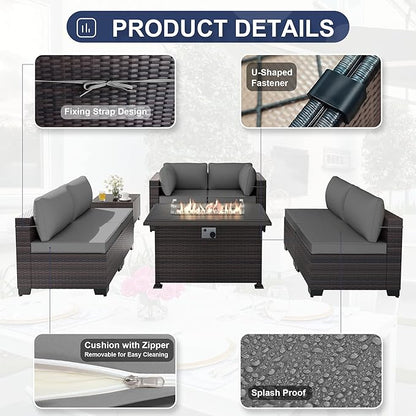 Patio Furniture Sectional Sofa Set 11-Pieces PE Rattan Swivel Rocking Chairs Patio Conversation Set w/43in Gas Fire Pit Table, Outdoor Furniture with 55000 BTU Propane Fire Pit, Grey
