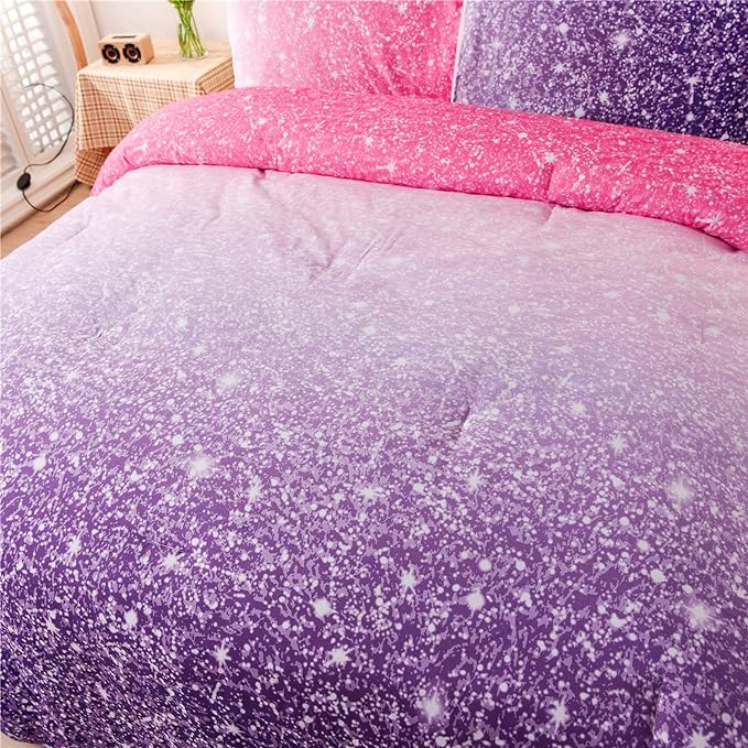 Holawakaka Kids Space Star Glitter Comforter Set Ombre Red & Purple Print Gradient Bedding Set Full Size (Red purple, Full)
