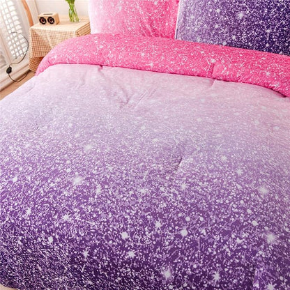Holawakaka Kids Space Star Glitter Comforter Set Ombre Pink Purple Print Gradient Bedding Set Queen Size (Pink Purple, Queen)……