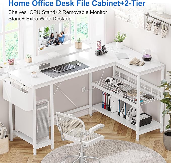 L Shaped Computer Desk with Power Outlets & LED Light, 49.6" Reversible Corner Computer Desk with Storage Shelves & Monitor Stand, Home Office Desk, Gaming Desk, Writing Desk (White)