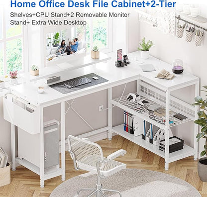 L Shaped Computer Desk with Power Outlets & LED Light, 49.6" Reversible Corner Computer Desk with Storage Shelves & Monitor Stand, Home Office Desk, Gaming Desk, Writing Desk (White)