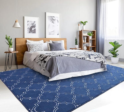 Chicrug Shag Geometric Modern Area Rug for Bedroom, 6x9 Feet Memory Foam Indoor Carpet, Fluffy Rug for Living Room Bedside Room Decor for Family Girls Kids Nursery Play Mat, Navy/White