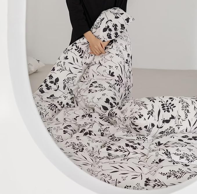 Botanical Comforter Set Cal King White Black Floral Plant Bedding Comforter Girls Garden Pattern Printed White Blanket Rustic Leaf Blossom Women White Farmhouse Comforter California King