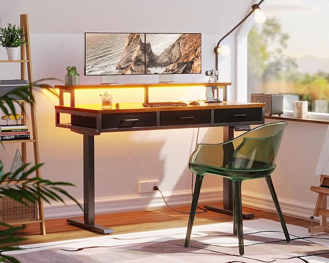 AODK 55 Inch Electric Standing Desk with 3 Drawers, Brown, Height Adjustable Desk with Power Outlets & LED Lights, Stand Up Desk with Monitor Shelf, Sit Stand Desk Computer Workstation