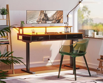 AODK 55 Inch Electric Standing Desk with 3 Drawers, Brown, Height Adjustable Desk with Power Outlets & LED Lights, Stand Up Desk with Monitor Shelf, Sit Stand Desk Computer Workstation