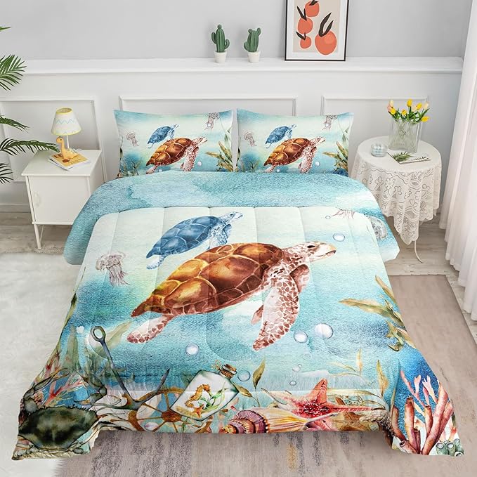 Datura home Sea Turtle Bedding Comforter Set for Boys Girls Teens Children Adults,Watercolor Sea Creatures Blue Ocean Theme Bedding Set with 1 Comforter and 2 Pillowcases(Turtle Full)