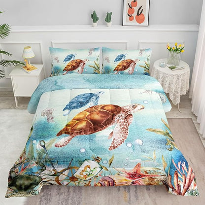 Datura home Sea Turtle Bedding Comforter Set for Boys Girls Teens Children Adults,Watercolor Sea Creatures Blue Ocean Theme Bedding Set with 1 Comforter and 2 Pillowcases(Turtle Full)