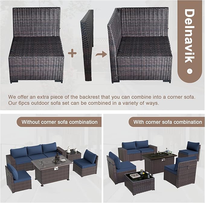 Patio Furniture Sectional Sofa Set 10-Pieces PE Rattan Swivel Rocking Chairs Outdoor Furniture Set w/43in Gas Fire Pit Table, Patio Conversation with 55000 BTU Propane Fire Pit, Navy Blue
