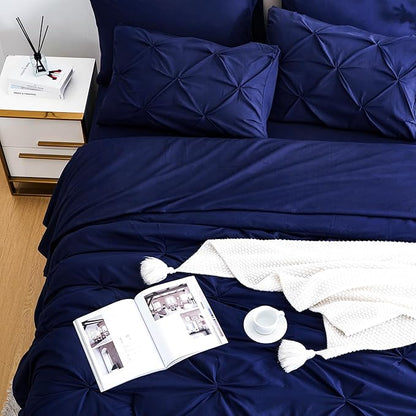 Ubauba 7pc Full Size Bed Comforter Set with Sheets, Dark Blue Pinch Pleating 7 Piece Bed in a Bag, Pintuck Royal Blue Bedding Sets for All Season (Navy,Full)