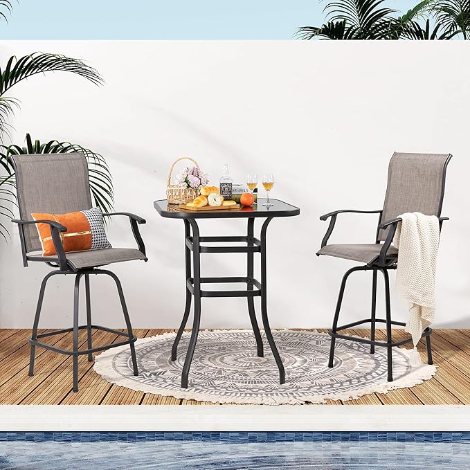 Shintenchi Patio Swivel Bar Set, All Weather Textile Fabric Outdoor High Stool Bistro Set with 2 Bar Chairs and Glass Table for Home, Backyard, Garden, Lawn, Porch (Brown), 3 Pieces