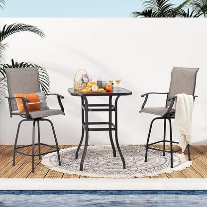 Shintenchi Patio Swivel Bar Set, All Weather Textile Fabric Outdoor High Stool Bistro Set with 2 Bar Chairs and Glass Table for Home, Backyard, Garden, Lawn, Porch (Brown), 3 Pieces