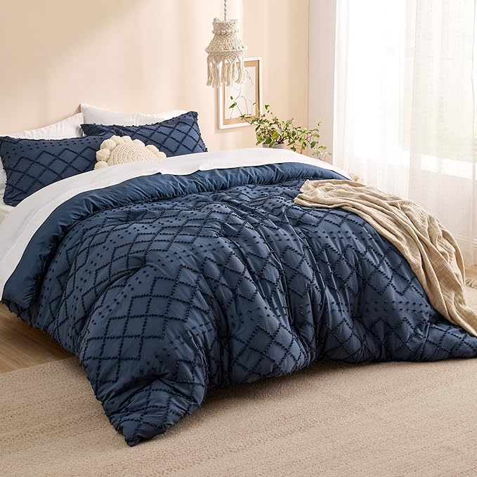 Bedsure Full Size Comforter Set - Navy Blue Comforter, Boho Tufted Shabby Chic Bedding Comforter Set, 3 Pieces Vintage Farmhouse Bed Set for All Seasons, Fluffy Bedding Set with 2 Pillow Shams