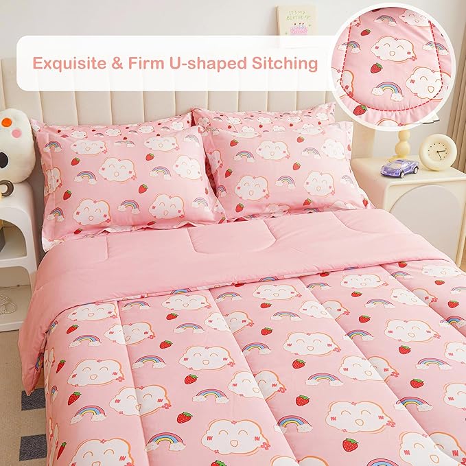 Mooreeke Bed in a Bag for Kids Girls Teens, 5 Pieces Twin Size Comforter Bed Set with Shams, Sheet Set, Rainbow Cloud Strawberry Pink Super Soft Microfiber Kids Comforter Bedding Set