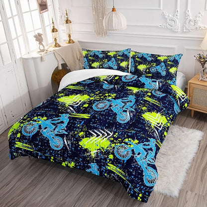 Axolotl Boys Dirt Bike Bedding Set Queen,Dirt Bike Comforter Set,Extreme Sports Tie Dye Bedding Set Motor Biker,Motocross Rider Comforter Set for Boys Kids Teens Men,1 Quilt 2 Pillowcases,Blue Green