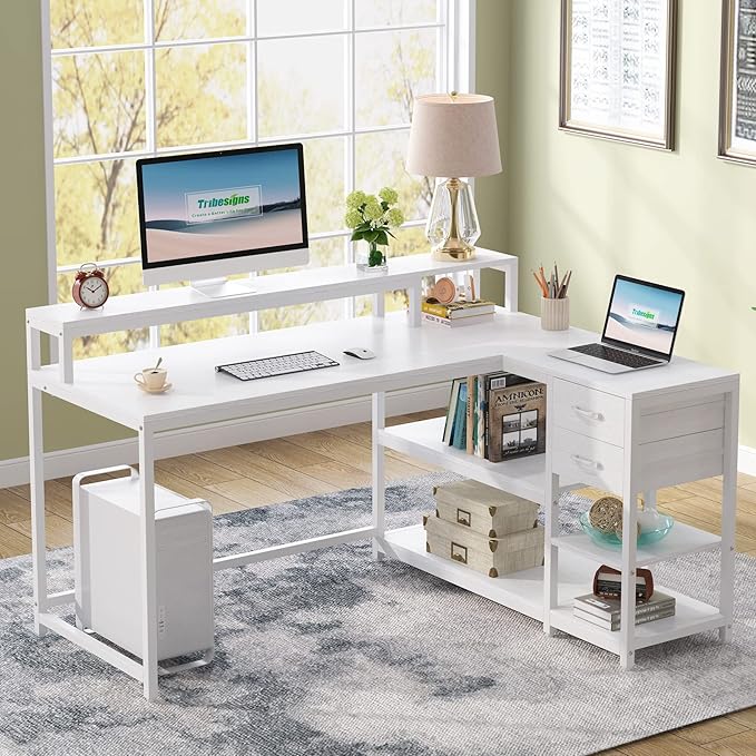 Reversible L-Shaped Computer Desk with hutch & Shelf,white