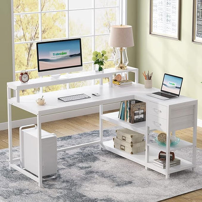 Reversible L-Shaped Computer Desk with hutch & Shelf,white