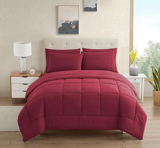 Dorm Room Essentials College Bedding Comforter Set 5 Piece Twin XL Size Bed in a Bag for College Students Boys and Girls, Twin XL, Burgundy