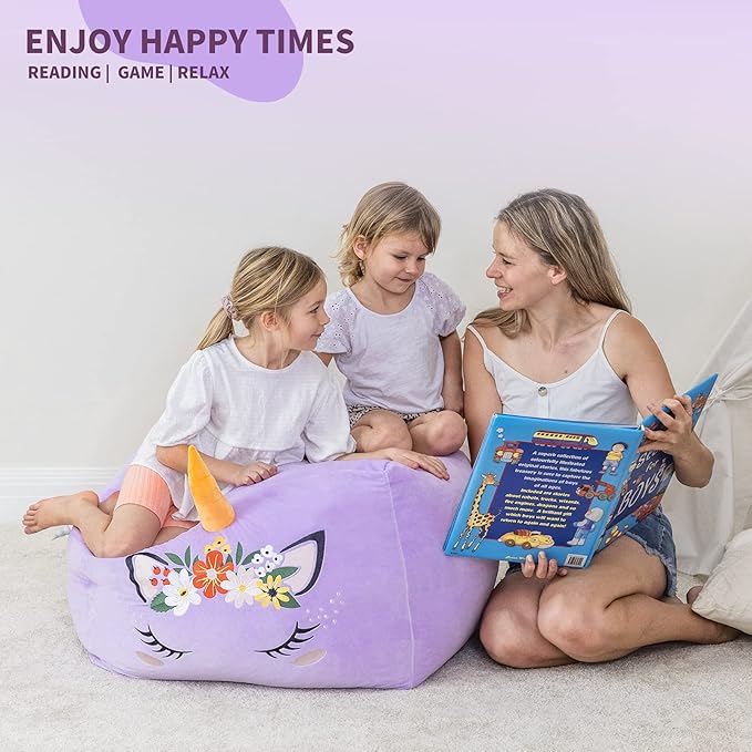 Aubliss Unicorn Stuffed Animal Storage Bean Bag Chair for Kids, Velvet Extra Soft Beanbag Chairs Cover, X-Large Stuffable Zipper Bean Bag for Organizing Plush Toys Girls Bedroom Decor, Purple Floral