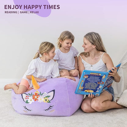 Aubliss Unicorn Stuffed Animal Storage Bean Bag Chair for Kids, Velvet Extra Soft Beanbag Chairs Cover, X-Large Stuffable Zipper Bean Bag for Organizing Plush Toys Girls Bedroom Decor, Purple Floral