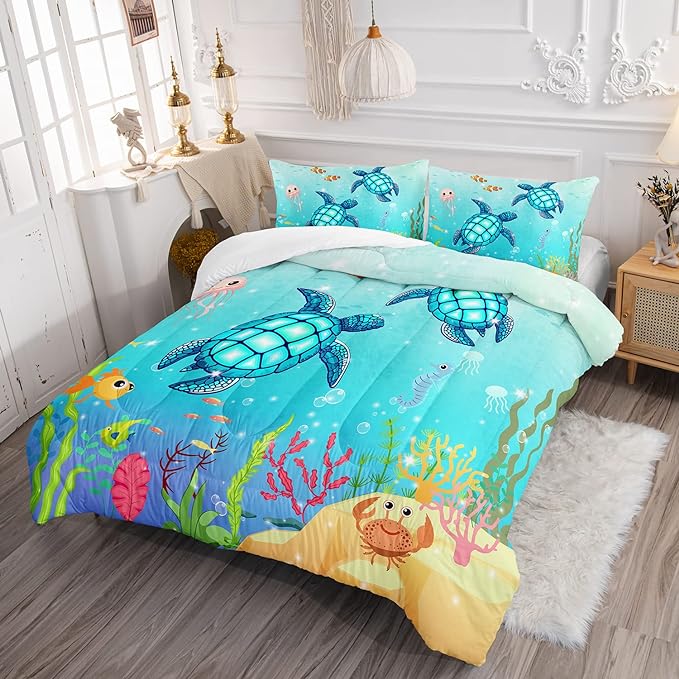 Turtle Comforter Set Twin Ocean Watercolor Sea Turtle Bedding Set Nautical Sea Animal Reptile Bed Set with 2 Pillowcases for Kids Room Decor