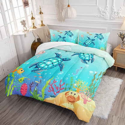 Turtle Comforter Set Queen Ocean Watercolor Sea Turtle Bedding Set Nautical Sea Animal Reptile Bed Set with 2 Pillowcases for Kids Room Decor