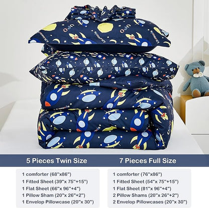 Mooreeke Bed in a Bag for Kids Boys Teens, 5 Pieces Twin Size Comforter Bed Set with Shams, Sheet Set, Space Planet Blue Black Super Soft Microfiber Kids Comforter Bedding Set