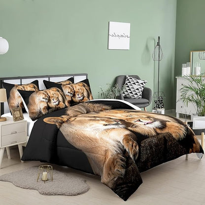 Bodhi Lover Couple Lion Comforter Set Twin Soft Microfiber Lion Bedding Set Twin Size Animal Comforter Set with Pillowcases,1 Comforter+1 Pillow Shams #4004