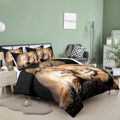 Bodhi Lover Couple Lion Comforter Set Queen Soft Microfiber Lion Bedding Set Queen Size Animal Comforter Set with Pillowcases,1 Comforter+2 Pillow Shams #4004