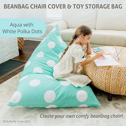 Butterfly Craze Bean Bag Chair Cover, Functional Toddler Toy Organizer, Fill with Stuffed Animals to Create a Jumbo, Comfy Floor Lounger for Boys or Girls, Stuffing Not Included, Aqua Polka Dots