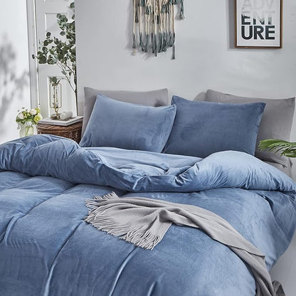 Wellboo Blue Velvet Bedding Comforter Sets Queen Size Adults Men Solid Lake Blue Fluffy Comforters Cotton Women Plain Haze Blue Flannel Quilts Warm Winter Micromink Sherpa Blankets Aesthetic Dorm Bed