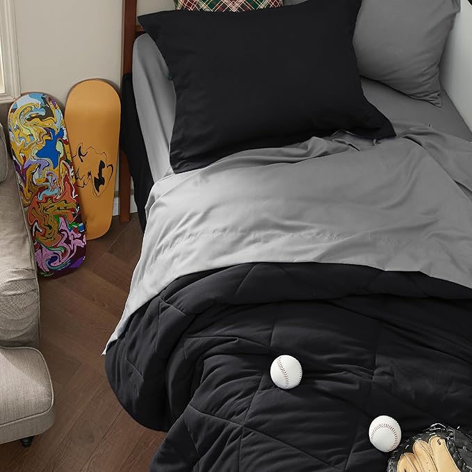Bedsure Black Twin XL Comforter Set - 5 Pieces Reversible Black Bed Set Twin XL with Comforters, Sheets, Pillowcase & Sham, Black Bedding Set for College