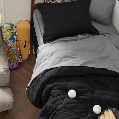 Bedsure Black Twin XL Comforter Set - 5 Pieces Reversible Black Bed Set Twin XL with Comforters, Sheets, Pillowcase & Sham, Black Bedding Set for College