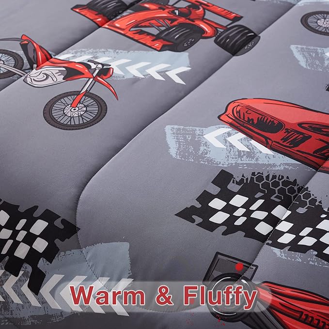 beeweed 2 Piece Kid Comforter Set Twin Size, Racing Car Bedding Set for Teen Boys Girls