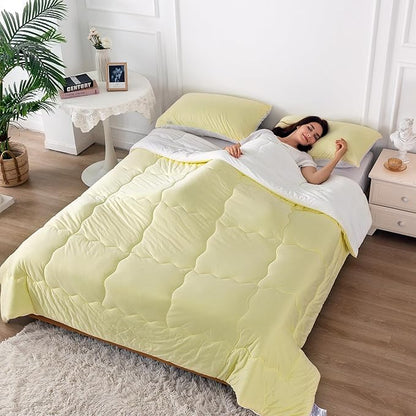 COTTEBED Yellow White Twin Size Bed Comforter Set, Cute Jersey Knit T-Shirt Feel Reversible Blanket Comforter Ultra-Soft Cozy Lightweight Quilt Pillowsham for Kid Boy Girl Dorm All Season Twin/Twin XL