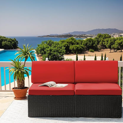Greesum 2 Piece Patio Conversation Set Wicker Rattan Furniture Outdoor Sofa with Cushions,Pillows and Glass Table for Porch,Lawn and Yard, Red