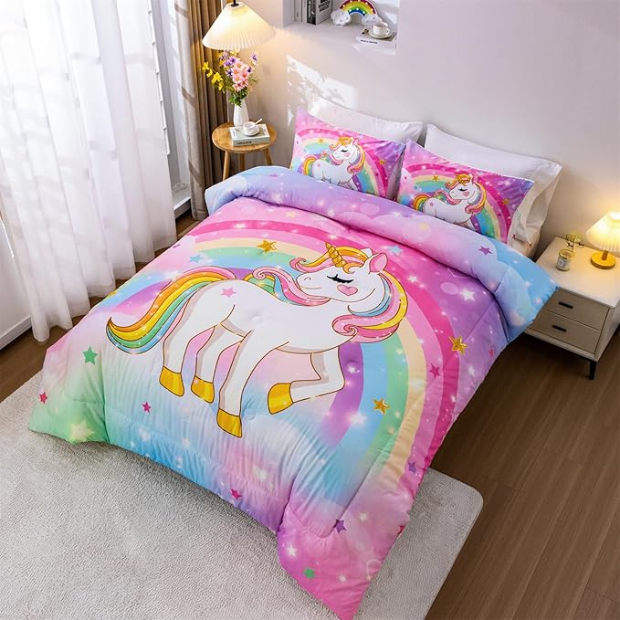 Aimuan Girls Unicorn Comforter Set 3 Pieces Pink Purple Bedding Set with Rainbow Star Galaxy Stars Fantasy Children Room Decor Soft Reversible Bed Sets for Boys/Girls/Teens (Rainbow Twin3Pcs)