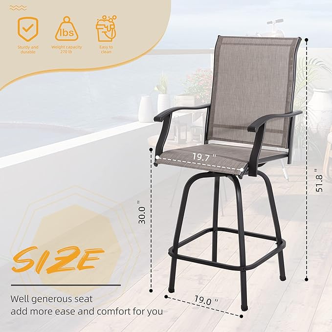 Shintenchi 4 Piece Outdoor Swivel Bar Stools, Patio Height Top Bar Stools Chairs Set of 4, All-Weather Textile Patio Bistro Bar high Chairs Set with High Back, Armrest for Lawn, Garden, Deck