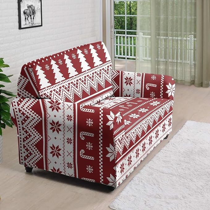 FKELYI Boho Christmas Easy Going Stretch Sofa Slipcover Washable Sofa Couch Cover Comfortable Furniture Protector with Elastic Bottom M