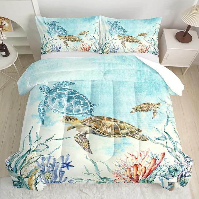 CVHOUSE Sea Turtle Comforter Set,Ocean Watercolor Sea Turtle Bedding Set for Kids Teens,Ocean Sea Turtle Comforter Sea Turtle Duvet Set Room Decor Quilt Set Full Size